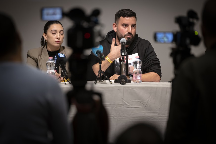 Shmuel Moha, right, a survivor from Kibbutz Nirim speaks next to Yuval Raphael, left, a survivor of the attack on the Nova music festival, during a news conference of the movement &quot;Never again is ...