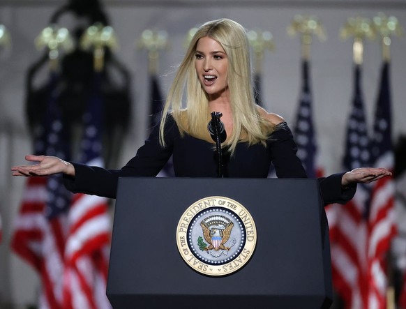 WASHINGTON, DC - AUGUST 27: Ivanka Trump, daughter of U.S. President Donald Trump and White House senior adviser, addresses attendees as Trump prepares to deliver his acceptance speech for the Republi ...