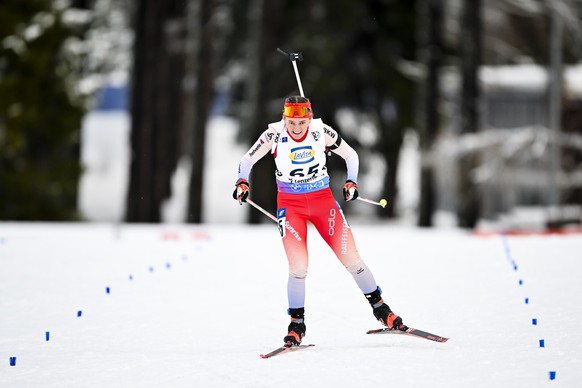 Lea Meier of Switzerland in action during the women&#039;s 7.5 km sprint race at the IBU Biathlon World Cup, on Thursday, December 14, 2023, in Lenzerheide, Switzerland. (KEYSTONE/Gian Ehrenzeller)