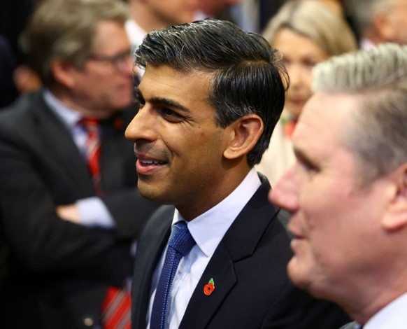 LONDON, ENGLAND - NOVEMBER 7: Britain&#039;s Prime Minister Rishi Sunak and Labour Party leader Sir Keir Starmer attend the State Opening of Parliament at the Houses of Parliament on November 7, 2023  ...