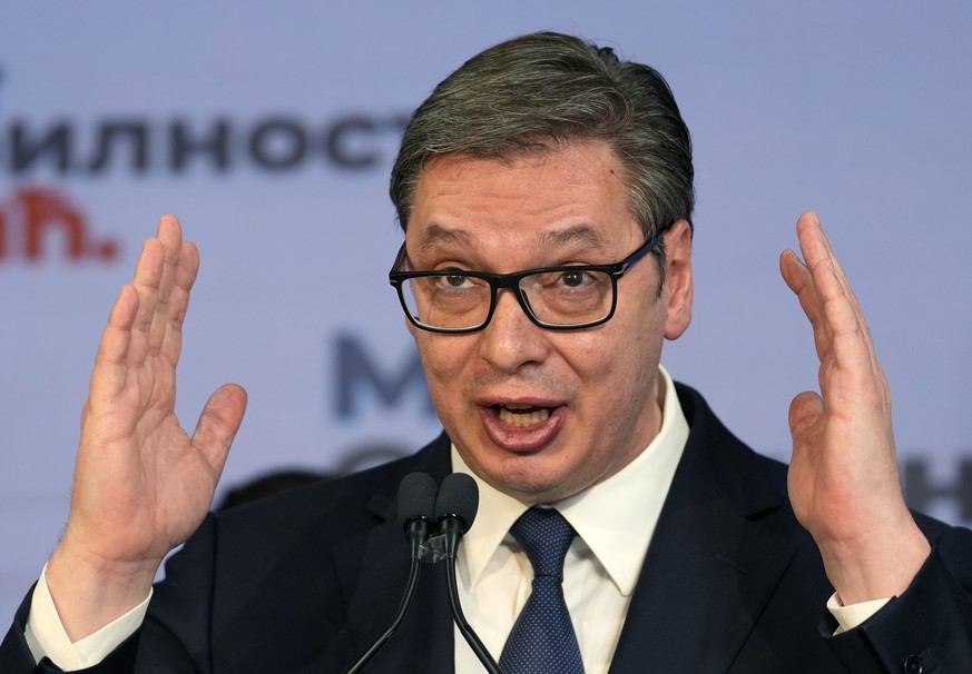 Serbian President and presidential candidate Aleksandar Vucic speaks during a news conference after claiming victory in the presidential election in Belgrade, Serbia, Sunday, April 3, 2022. President  ...