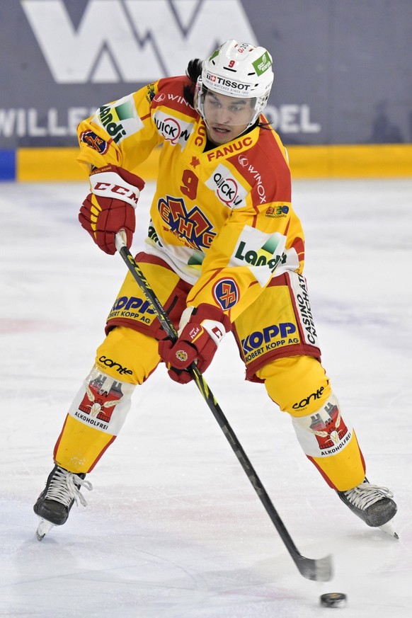 Biels Noah Delemont beim Eishockey-Qualifikationsspiel der National League zwischen dem HC Ajoie und dem EHC Biel-Bienne in der Raiffeisen Arena in Porrentruy, am Samstag, 28. Januar 2023. (PostFinanc ...