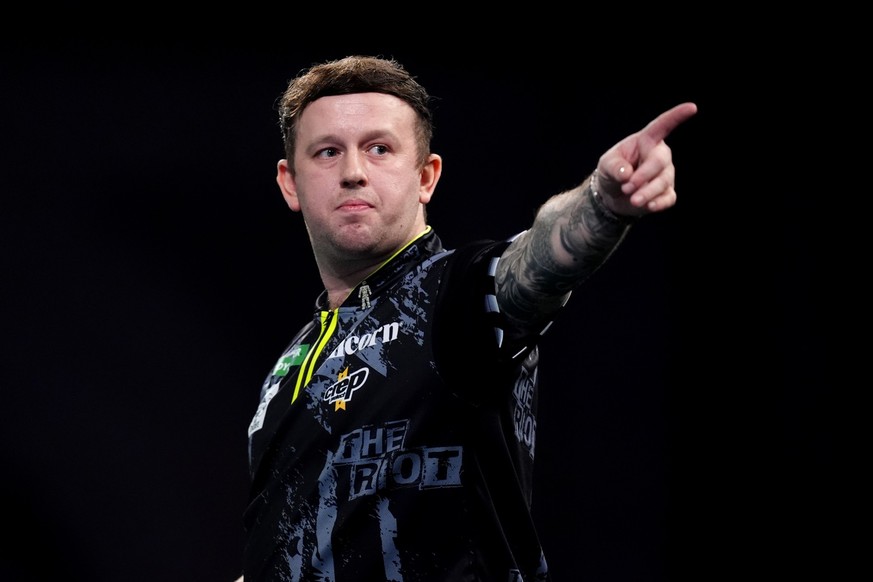 Callan Rydz reacts during his match against Patrik Kovacs on day eight of the Paddy Power World Darts Championship at the Alexandra Palace, London. Picture date: Thursday December 18, 2025. (Photo by  ...