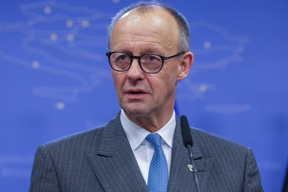 epa12602202 Chancellor of Germany Friedrich Merz speaks to the media at the end of first day of the EU Council Summit in Brussels, Belgium, 19 December 2025. EU leaders met to discuss the latest devel ...