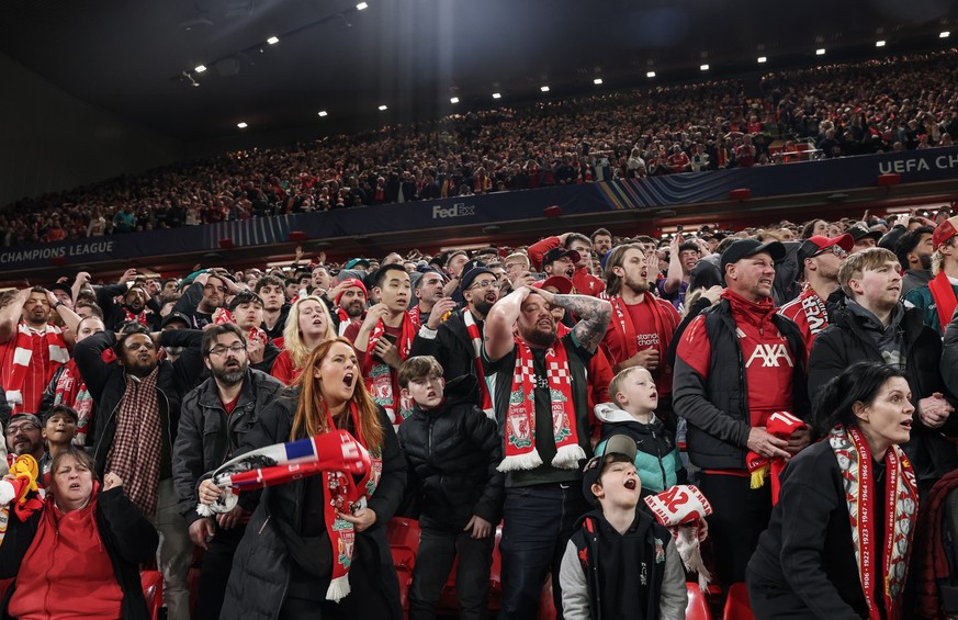 LIVERPOOL, ENGLAND - MARCH 18: Liverpool fans react during the UEFA Champions League 2025/26 Round of 16 Second Leg match between Liverpool FC and Galatasaray SK at Anfield on March 18, 2026 in Liverp ...