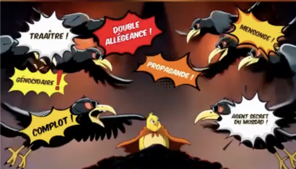 le canari seul contre les corbeaux malveillants, extrait du dessin animé de la Cicad