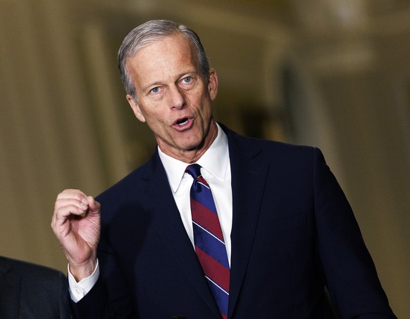 epa12581811 US Senate Majority Leader John Thune (R) speaks to the media at the US Capitol in Washington DC, USA, 09 December 2025. EPA/WILL OLIVER