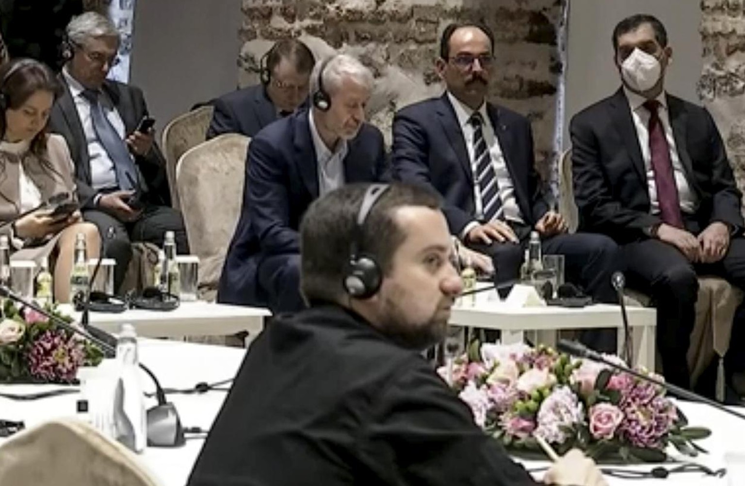 In this image taken from a video provided by the Turkish Presidency, Russian Roman Abramovich, top center, 3rd from right, listens to Turkish President Recep Tayyip Erdogan during the Russian and Ukra ...