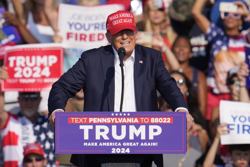 Republican presidential candidate former President Donald Trump speaks at a campaign event in Butler, Pa., on Saturday, July 13, 2024. (AP Photo/Gene J. Puskar)