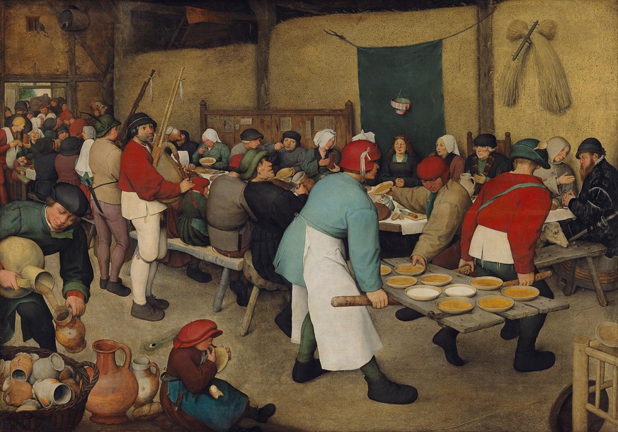 Le Repas de noces, de Pieter Brueghel l'Ancien (16ᵉ siècle) montre la plus vieille représentation de tartine connue avec l'enfant au premier plan.