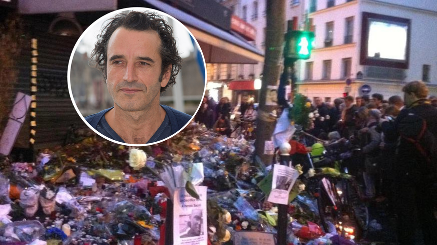 L'acteur suisse Bruno Todeschini (en médaillon) qui vivait dans la capitale française au moment des attentats. En fond, les hommages par milliers devant la café La Belle Equipe, à Paris, le 17 novembr ...