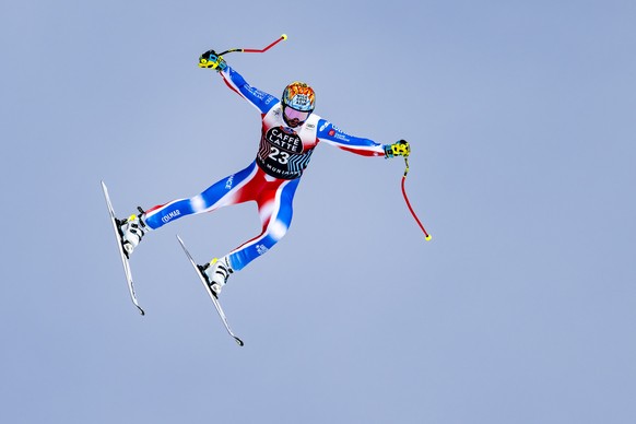 epa11914947 Matthieu Bailet of France in action during the Men&#039;s Downhill race at the FIS Alpine Skiing World Cup in Crans-Montana, Switzerland, 22 February 2025. EPA/JEAN-CHRISTOPHE BOTT