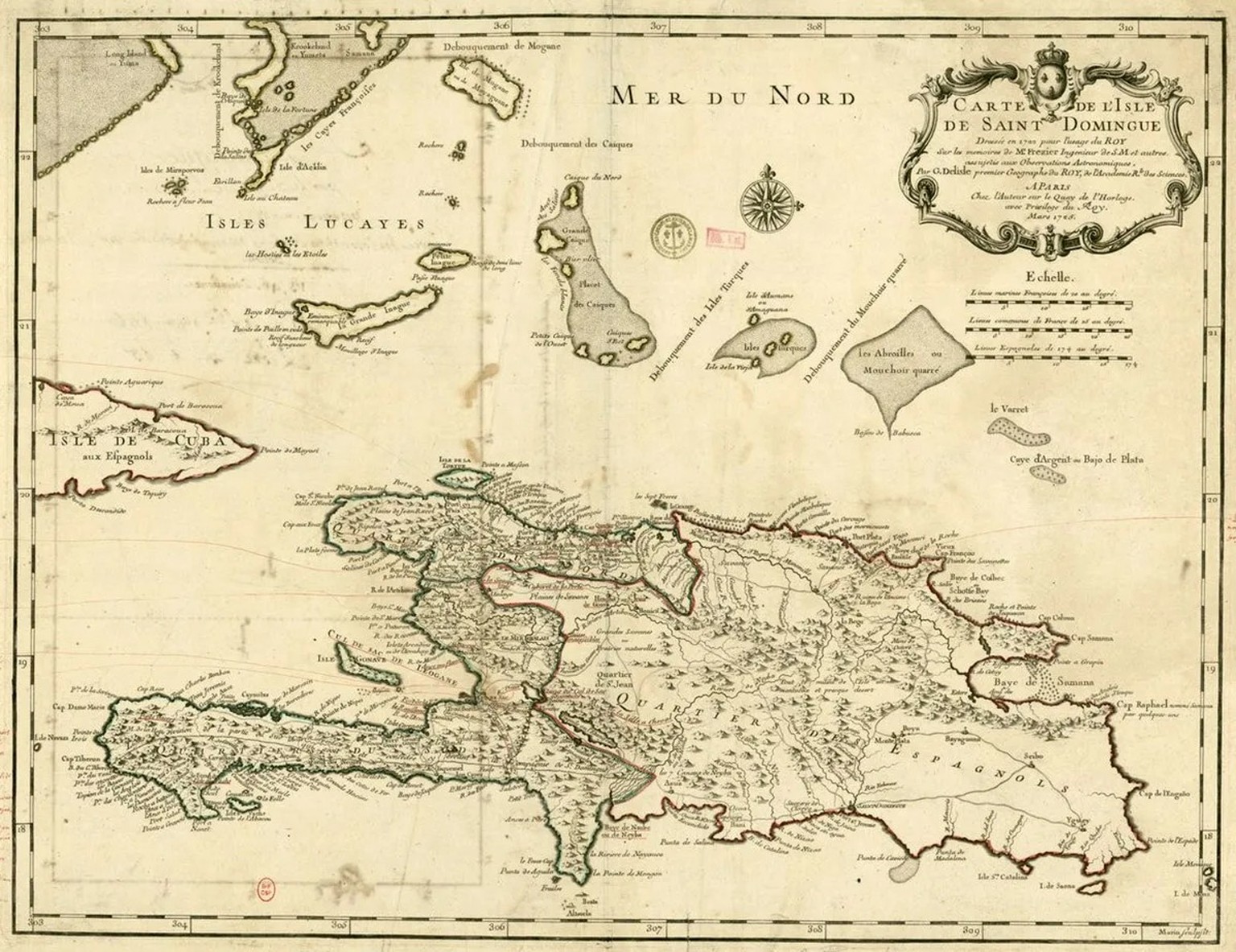 L’île d’Hispaniola était partagée depuis le 17e siècle entre Saint-Domingue à l’ouest (aujourd’hui Haïti) et Santo Domingo à l’est (l’actuelle République dominicaine).
https://gallica.bnf.fr/ark:/1214 ...
