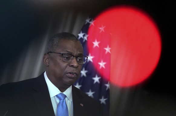 U.S. Secretary of Defense, Lloyd Austin, addresses the media during a press conference after the meeting of the Ukraine Security Consultative Group at Ramstein Air Base in Ramstein, Germany, Tuesday,  ...