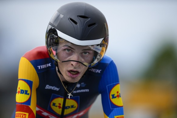 Denmark&#039;s Mattias Skjelmose rides during the sixteenth stage of the Tour de France cycling race, an individual time trial over 22.5 kilometers (14 miles) with start in Passy and finish in Comblou ...