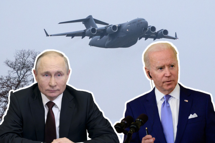 Vladimir Poutine, Joe Biden et l'avion militaire américain qui s'est posé à Genève.