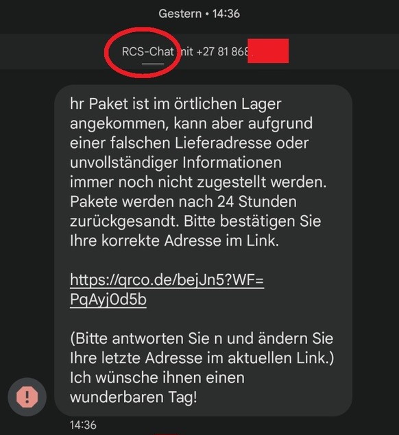 Les criminels sont en partie passés des SMS aux messages RCS sur Android (voir capture d'écran) et à iMessage sur iPhone afin de contourner les filtres SMS de Swisscom et des autres opérateurs.
