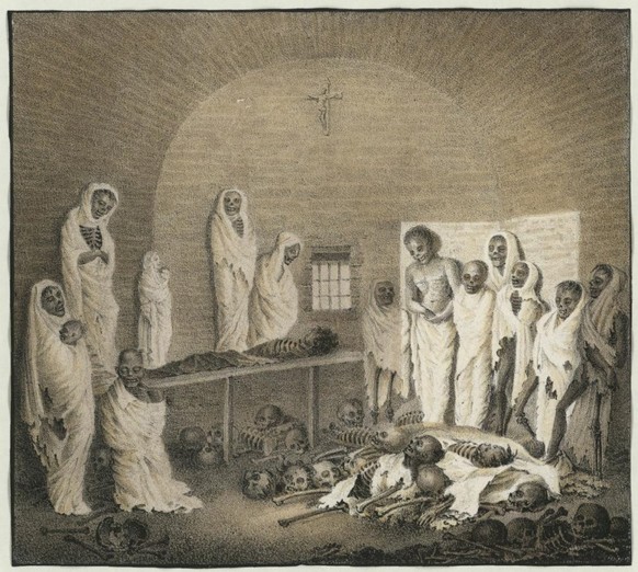 La morgue du Grand-Saint-Bernard dans un tableau du 19e siècle, collection du Musée d&#039;art et d&#039;histoire de Genève. Son auteur n&#039;est pas connu.