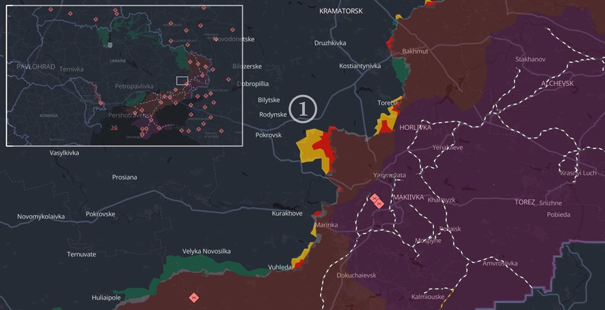 Rouge: progression de la Russie en juillet. Jaune: progression de la Russie jusqu'à présent en août. 1: Pokrovsk.