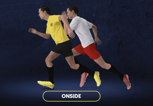 Ici, l'attaquant (jaune) n'est pas hors-jeu car son corps n'est pas entièrement derrière celui du dernier défenseur adverse (blanc).