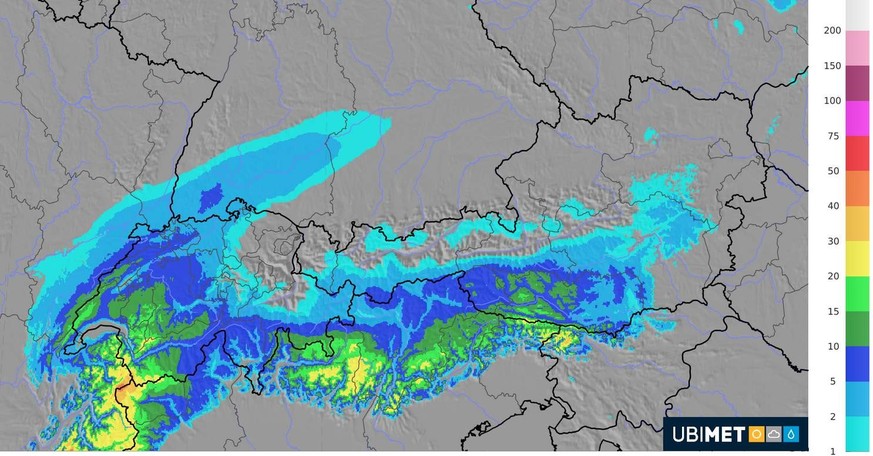 Cumuls neigeux possibles en Suisse d&#039;ici vendredi midi.