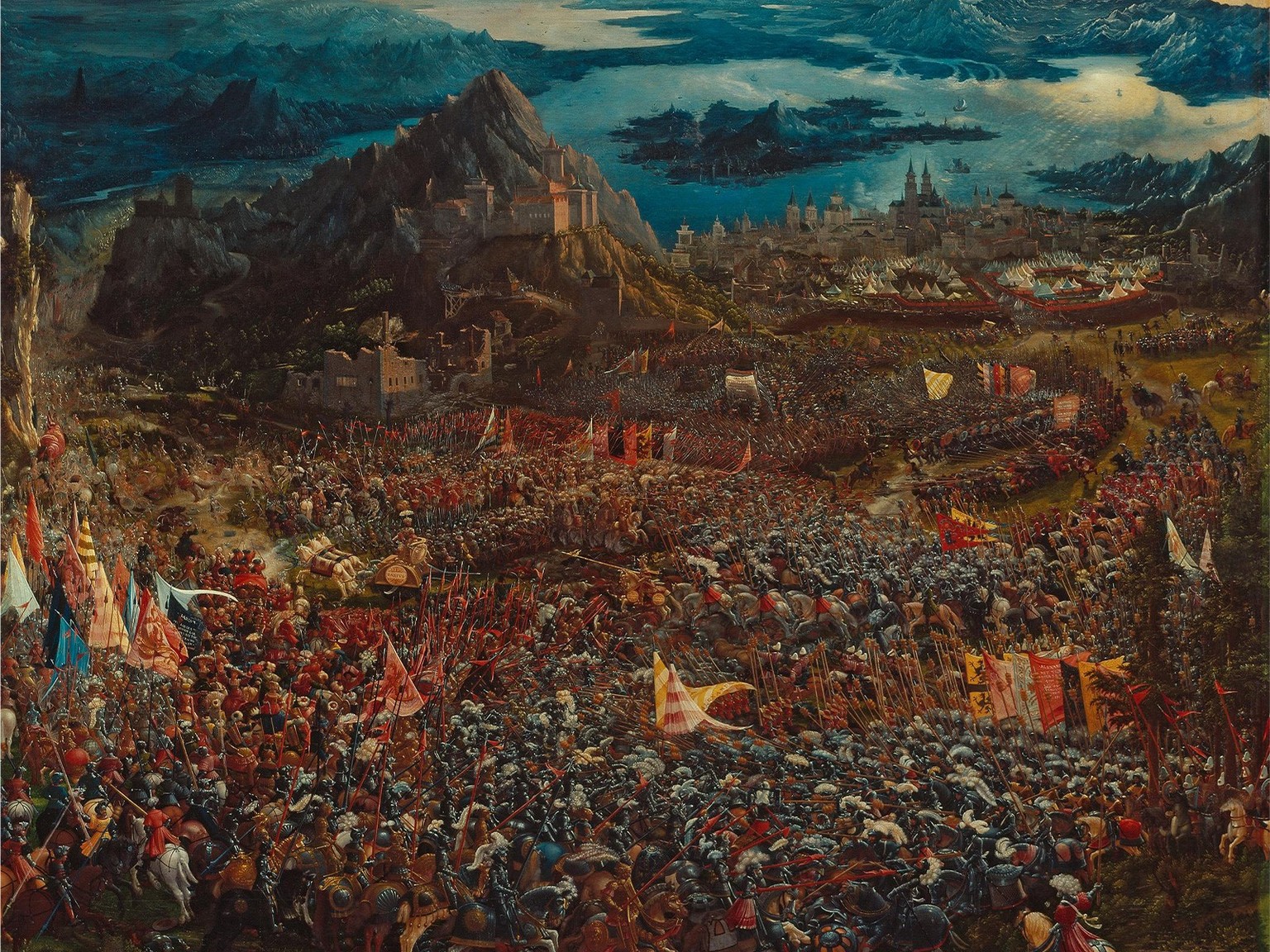 Une perspective audacieuse: La Bataille d’Alexandre (bataille d’Issos), par Albrecht Altdorfer, 1529.
https://www.sammlung.pinakothek.de/en/artwork/9pL3Qyz4eb