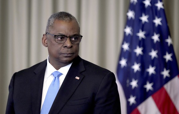 U.S. Secretary of Defense, Lloyd Austin, attends a press conference after the meeting of the Ukraine Security Consultative Group at Ramstein Air Base in Ramstein, Germany, Tuesday, April 26, 2022. (AP ...