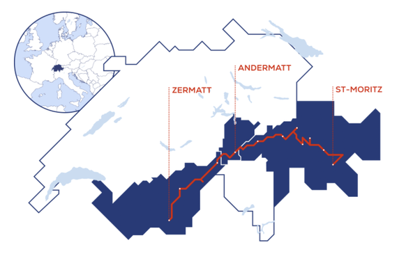 Le tracé passe par trois cols et trois cantons (Grisons, Uri et Valais).