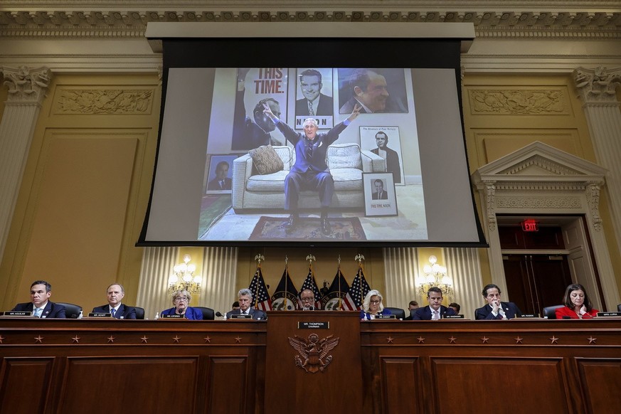 epa10241395 An image of Roger Stone is displayed during a hearing by the House Select Committee to Investigate the January 6th Attack on the U.S. Capitol in the Cannon House Office Building in Washing ...