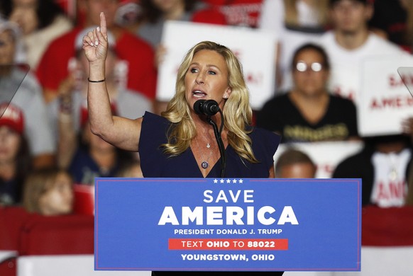 epa10190776 Georgia congressional representative Marjorie Taylor Greene speaks at a Save America rally with former US President Donald Trump (not pictured) at the Covelli Centre in Youngstown, Ohio, U ...