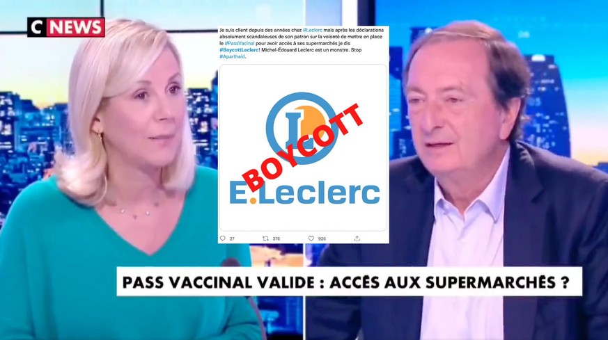 Michel-Edouard Leclerc est interrogé sur l'obligation du pass sanitaire dans les grandes surfaces par une journaliste de CNEWS.