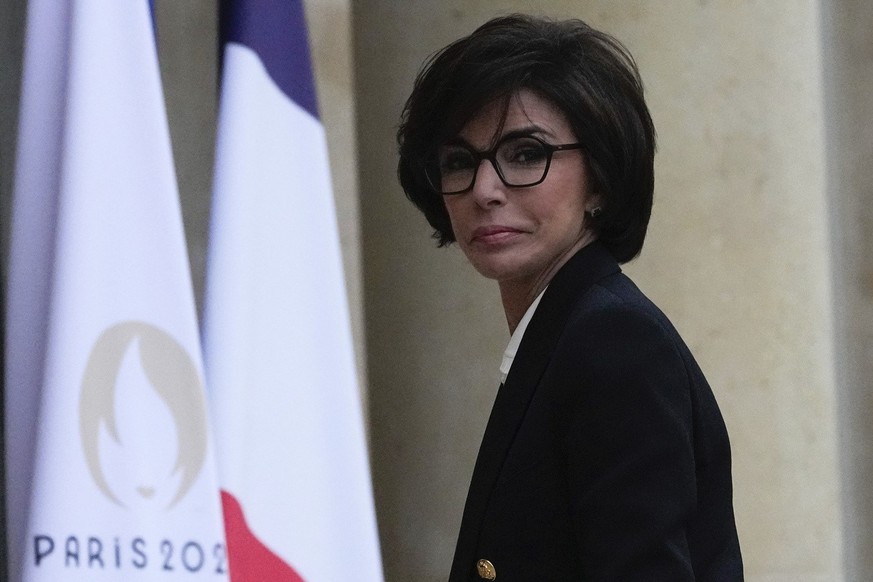 Newly appointed French Culture Minister Rachida Dati arrives to attend the weekly cabinet meeting after a cabinet reshuffle, at the Elysee Palace in Paris, on Friday, Jan. 12, 2024. (AP Photo/Michel E ...