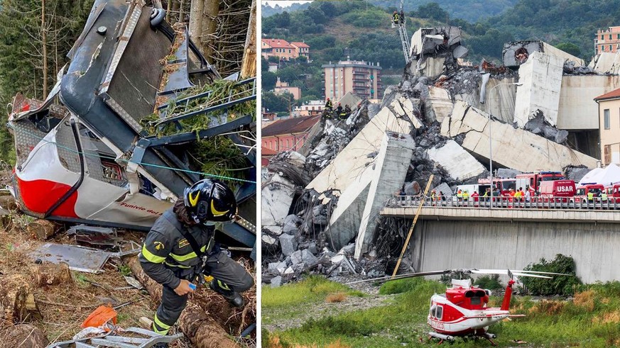 Accident du téléphérique de Stresa (à gauche), mai 2021. Effondrement du pont de Gênes (à droite), septembre 2018.