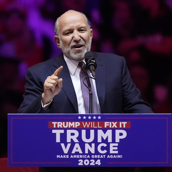 FILE - Howard Lutnick speaks at a campaign rally at Madison Square Garden, in New York, Oct. 27, 2024. (AP Photo/Evan Vucci, File)