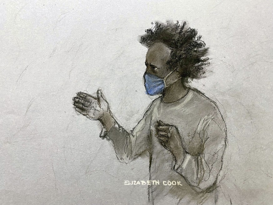Court artist sketch by Elizabeth Cook of Southport stabbings suspect Axel Rudakubana, 18, shouting from the dock as he appeared at Liverpool Crown Court, for his sentencing hearing after he pleaded gu ...