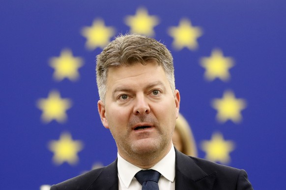 European Parliament member Andreas Schwab delivers his speech during a debate on the Digital Markets act at the European Parliament in Strasbourg, eastern France, Tuesday, Dec.14, 2021. (AP Photo/Jean ...