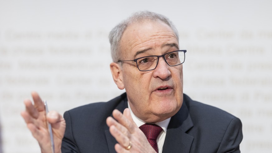 Bundespraesident Guy Parmelin spricht zur eidgenoessischen Abstimmung ueber die Aenderung des Zivildienstgesetzes vom kommenden 14. Juni, am Donnerstag, 26. Maerz 2026 in Bern. (KEYSTONE/Alessandro de ...