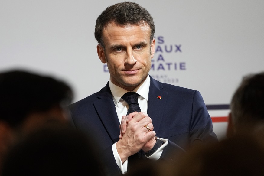epa10525885 French President Emmanuel Macron delivers a speech during the National Roundtable on Diplomacy at the foreign ministry in Paris, France 16 March 2023. France&#039;s Foreign Ministry is und ...