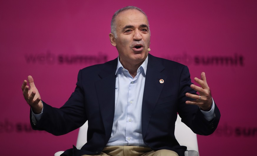 epa09561508 Chess Grandmaster, Russian Garry Kasparov speaks on the third day of the 2021 Web Summit in Lisbon, Portugal, 03 November 2021. More than 40,000 participants take part in the 2021 Web Summ ...