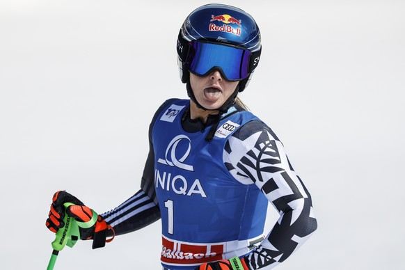 New Zealand&#039;s Alice Robinson gets to the finish area after completing an alpine ski women&#039;s World Cup downhill, in Saalbach, Austria, Saturday, March 23, 2024. (AP Photo/Alessandro Trovati)