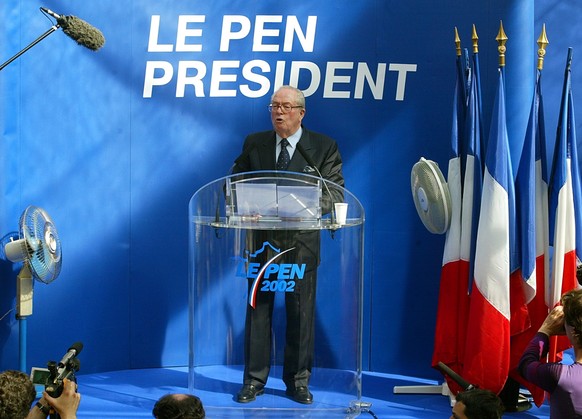 Extreme-right leader Jean-Marie Le Pen holds a press conference at his party's headquarters in Saint Cloud outside Paris Monday April 22, 2002. Le Pen placed second in the first round of presiden ...