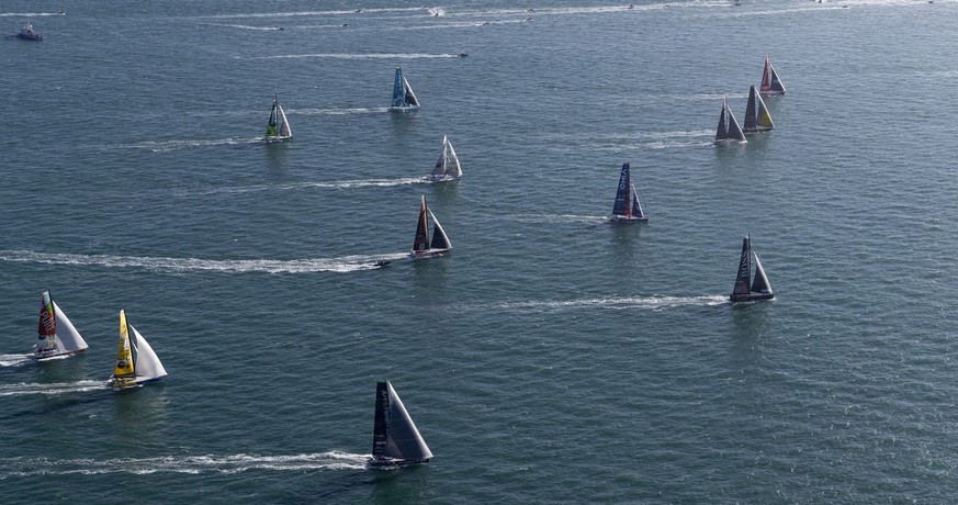 LES SABLES-D&#039;OLONNE, FRANCE - NOVEMBER 08: The Vendee Globe 2020 race start. British yachtsman Alex Thomson onboard his IMOCA Open60 race yacht &quot;u2018Hugo Boss&quot;u2019 . Shown here in act ...
