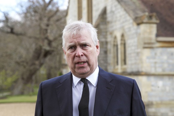 FILE - In this Sunday, April 11, 2021 file photo, Britain&#039;s Prince Andrew during a television interview at the Royal Chapel of All Saints at Royal Lodge, Windsor. Buckingham Palace on Thursday, A ...