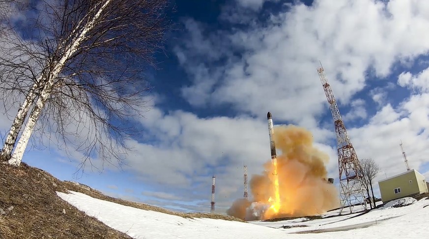 In this handout photo released by Russian Defense Ministry Press Service on Wednesday, April 20, 2022, the Sarmat intercontinental ballistic missile is launched from Plesetsk in Russia&#039;s northwes ...