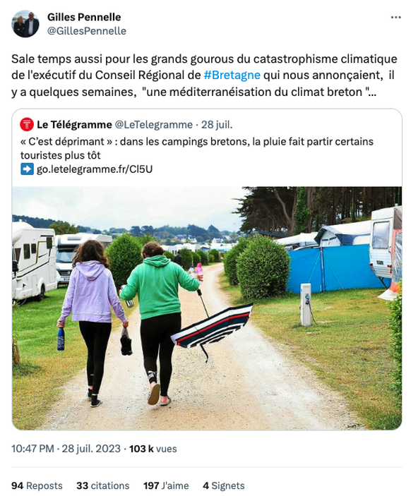 Le directeur général du Rassemblement national et élu régional breton, Gilles Pennelle, se sert de la météo maussade pour mettre en doute le réchauffement climatique.