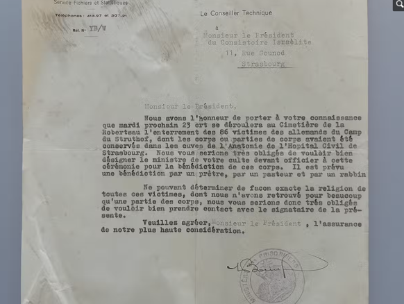 Archive du ministère pour l’organisation de cette inhumation en 1945. Archives départementales du Bas-Rhin, Site de Strasbourg, 2237 W 340