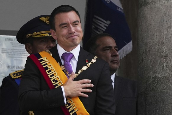 Ecuador&#039;s President Daniel Noboa acknowledges supporters from the balcony of the presidential palace after his swearing-in ceremony for a second term in Quito, Ecuador, Saturday, May 24, 2025. (A ...