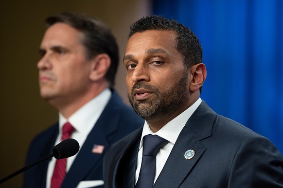 FBI Director Kash Patel, right, and Acting Attorney General Todd Blanche announce that former FBI Director James Comey has been indicted, at the Justice Department in Washington, Tuesday, April 28, 20 ...