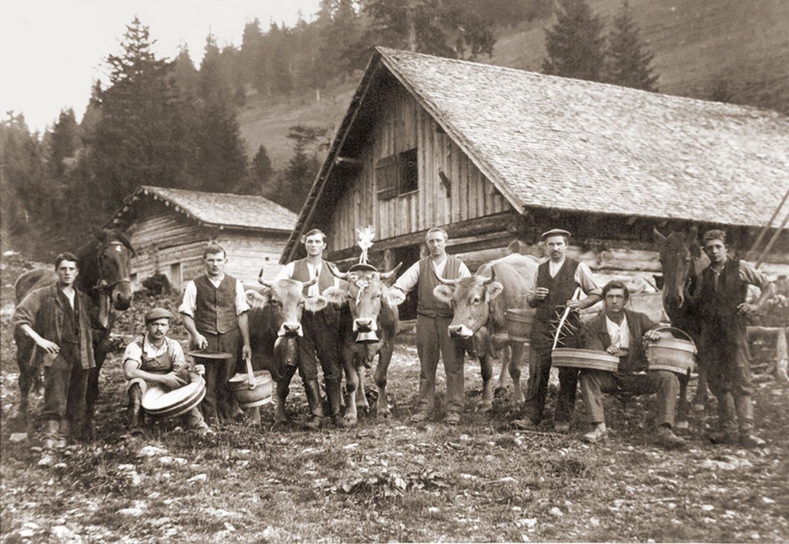 Paysans le jour de la désalpe de 1921, sur l’alpage de Pradamee, propriété de la coopérative alpine de Vaduz.
https://de.wikipedia.org/wiki/Datei:Alp_Pradamee_1921.jpg