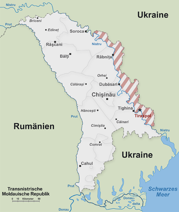 La République de Moldavie avec la région sécessionniste de Transnistrie (en hachuré).